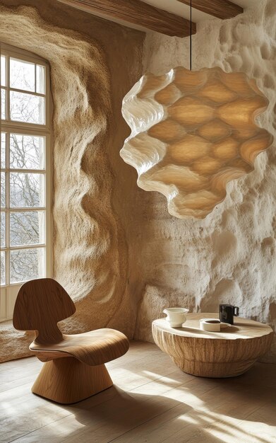 Photo a bathroom with a wooden bench and a sink with a wooden headboard