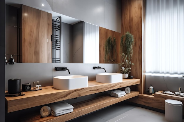 A bathroom with a wooden vanity and a mirror