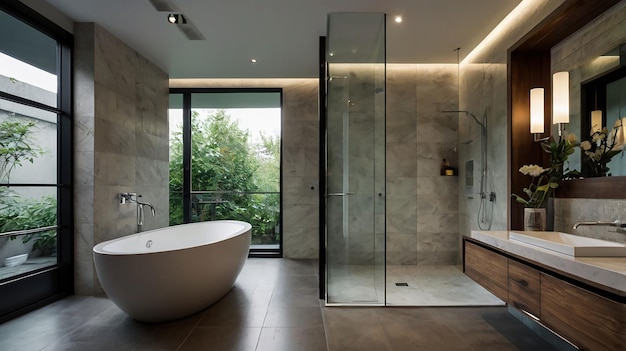 a bathtub in a bathroom with a glass shower door