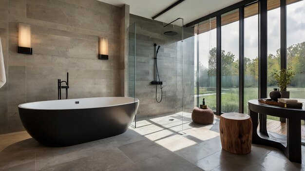 a bathtub in a bathroom with a tub and a tub in the corner