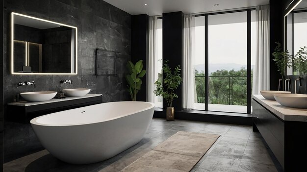 a bathtub in a bathroom with a view of the mountains