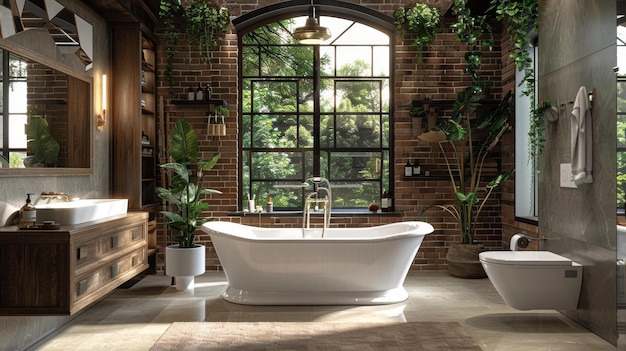 Bathtub and Fireplace With Brick Wall