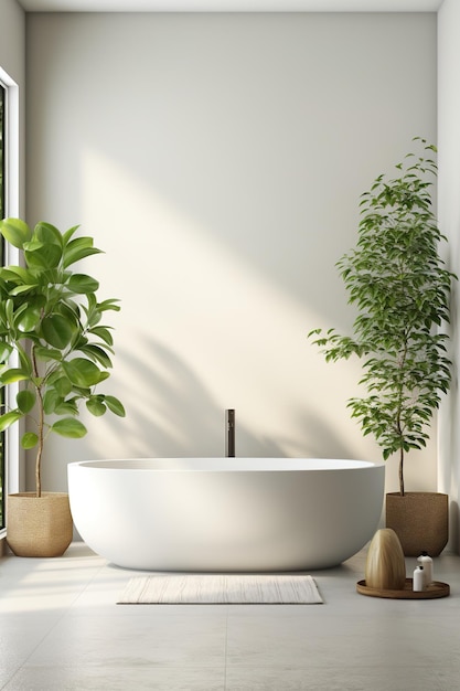 Bathtub in front of a large window with plants