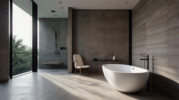 a bathtub is in a room with a chair and a chair