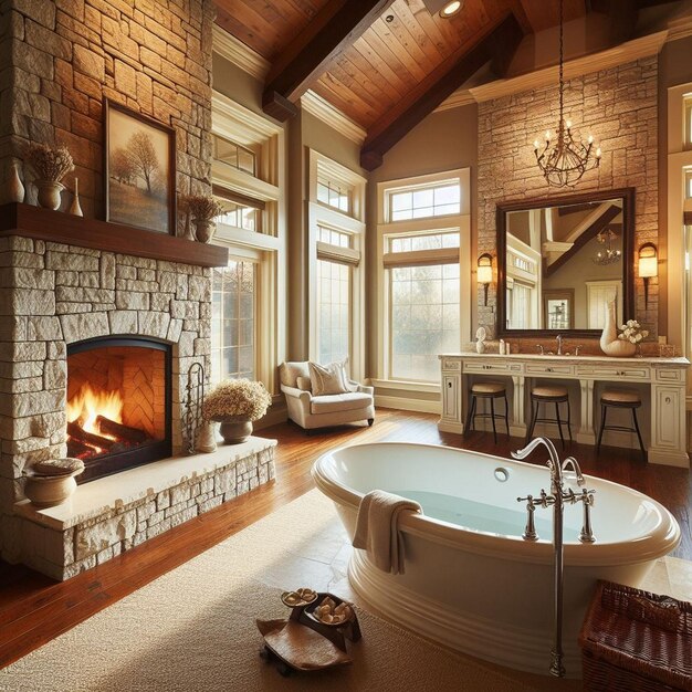 a bathtub is in a room with a fireplace and a fireplace