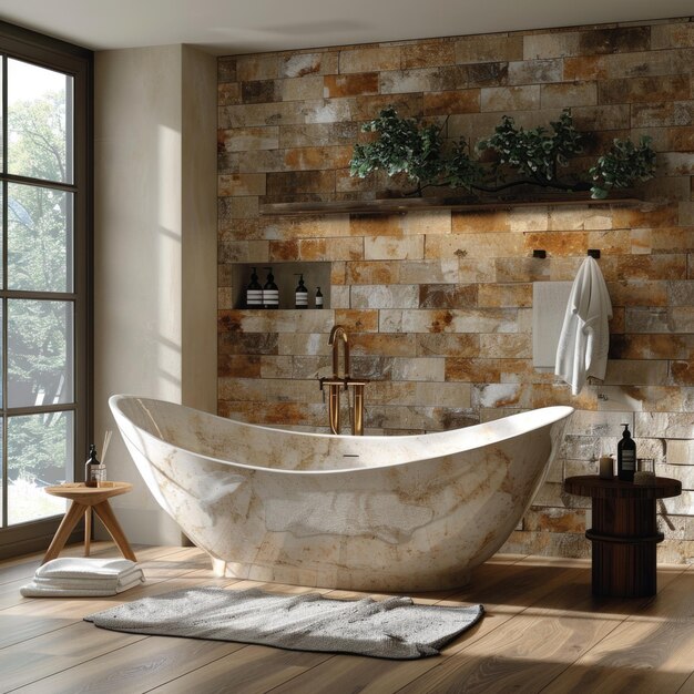 Photo a bathtub is in a room with a stone wall and a window