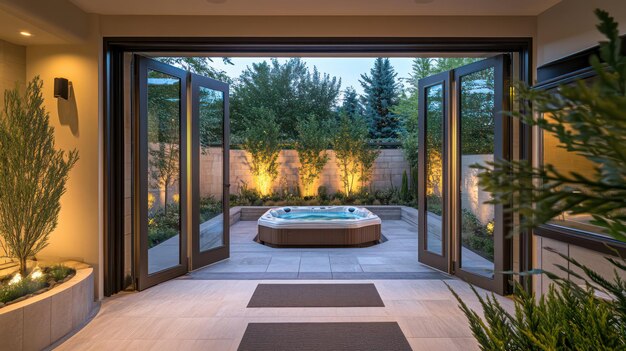 a bathtub is surrounded by a garden with a large window that says  spa