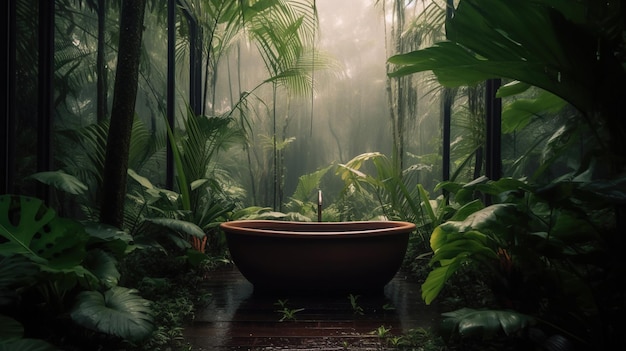 A bathtub in a jungle with a jungle background