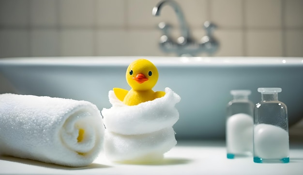 A bathtub with a bath towel and a rubber duck in it.