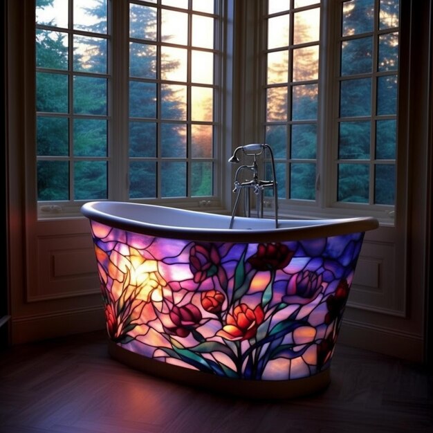 Photo a bathtub with a floral design is lit up