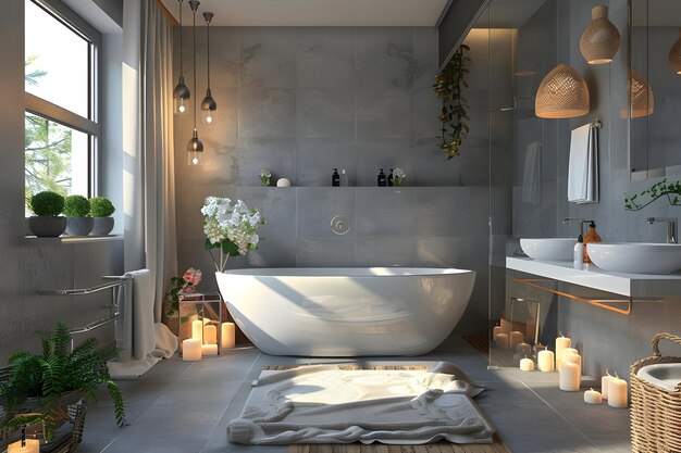 Photo a bathtub with flowers on the floor and a bathtub in the corner