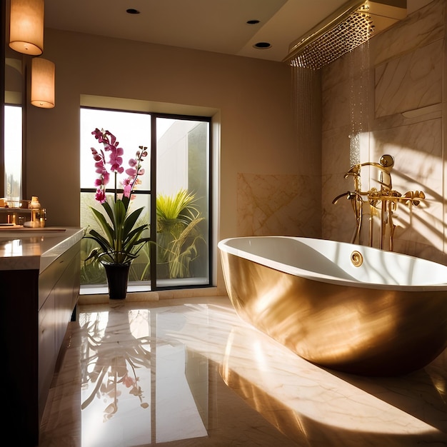 Photo a bathtub with flowers on the floor and a large window in the background