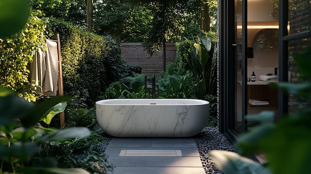 a bathtub with a garden in the background and a window in the background