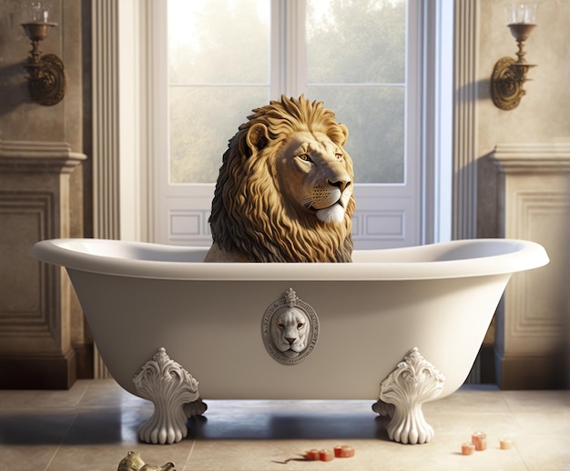 A bathtub with a lion head sitting in it