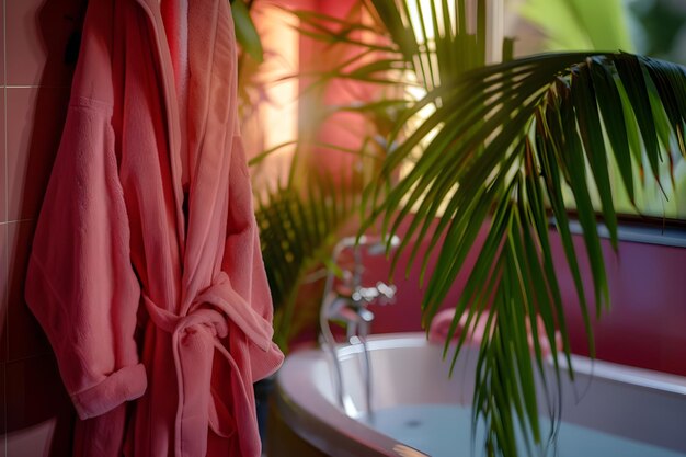 Photo a bathtub with a plant in it and a red curtain