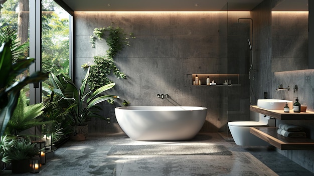 a bathtub with plants and plants in a room with a plant in the corner