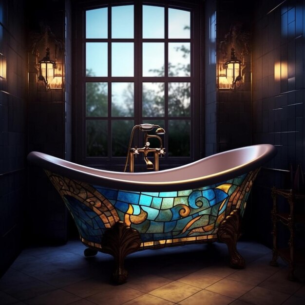 Photo a bathtub with a stained glass window in the background