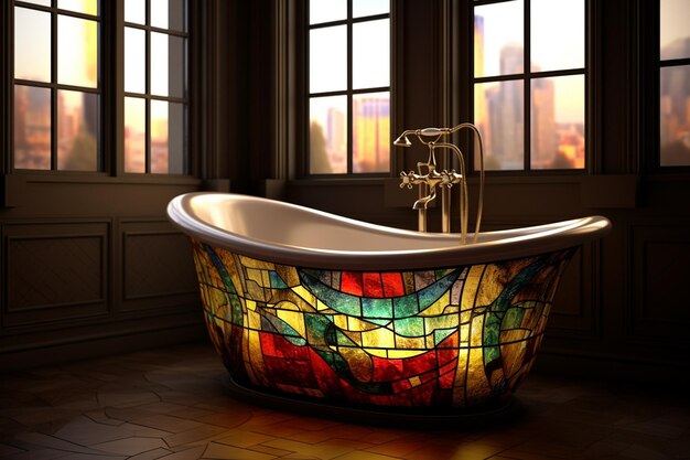 a bathtub with stained glass windows and a stained glass window