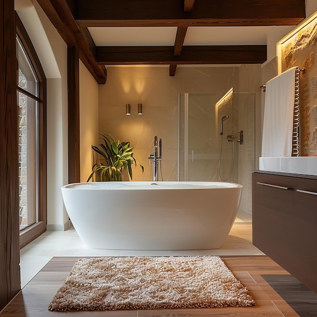 Photo a bathtub with a white bathtub in a bathroom