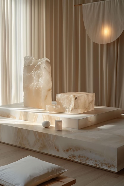 a bathtub with a white marble counter top and a candle in the middle