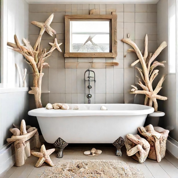 a bathtub with a wooden frame and a mirror on the wall