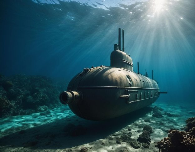 Bathyscaphe submerged in ocean surrounded by coral and fish with sunlight filtering through water