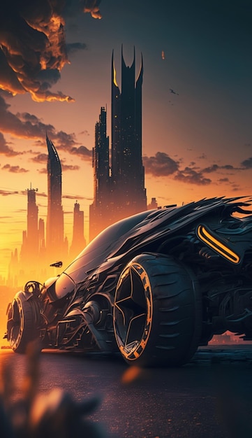 Batman batmobile in a city with a city in the background