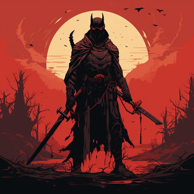 Batman in the dark knight costume standing in front of a sunset AI Generative