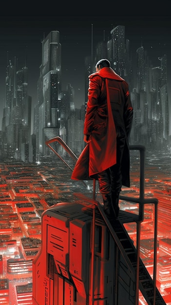 Batman in red coat standing on a ladder looking at city generative ai