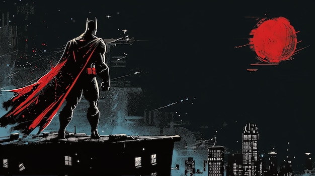 Batman stands on a rooftop overlooking a city at night with a red moon in the distance