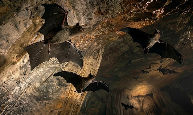 Photo bats in a cave with natural spotlighting