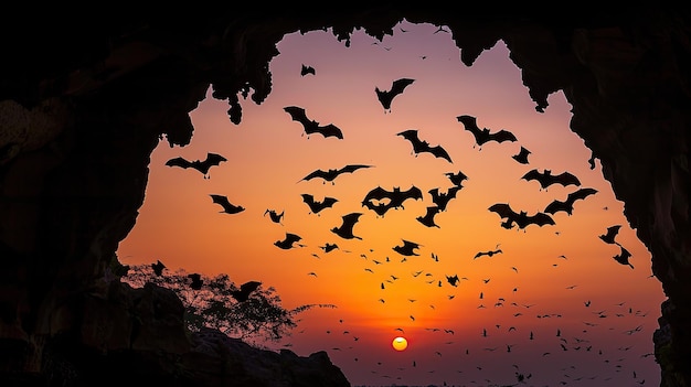 Bats in dramatic flight from a cave at sunset near Battambang vibrant sky hues