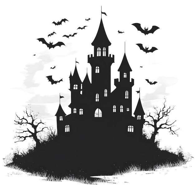 Photo bats flying to draculas castle isolated on white background flat design