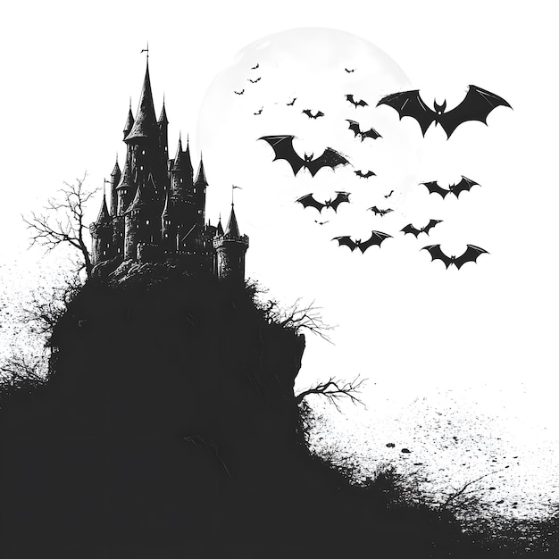 Photo bats flying to draculas castle isolated on white background space for captions