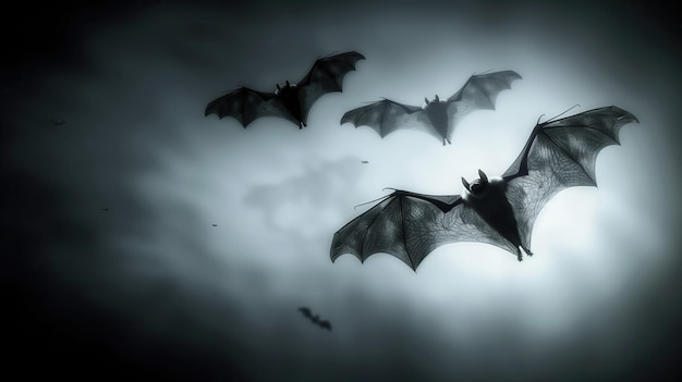 Bats flying in the night sky foggy scene halloween background copy space