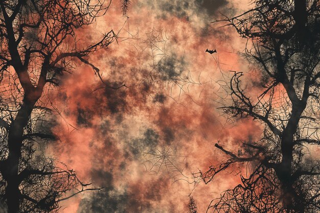 Bats flying over spooky trees with cobwebs on a scary orange halloween night background illustration