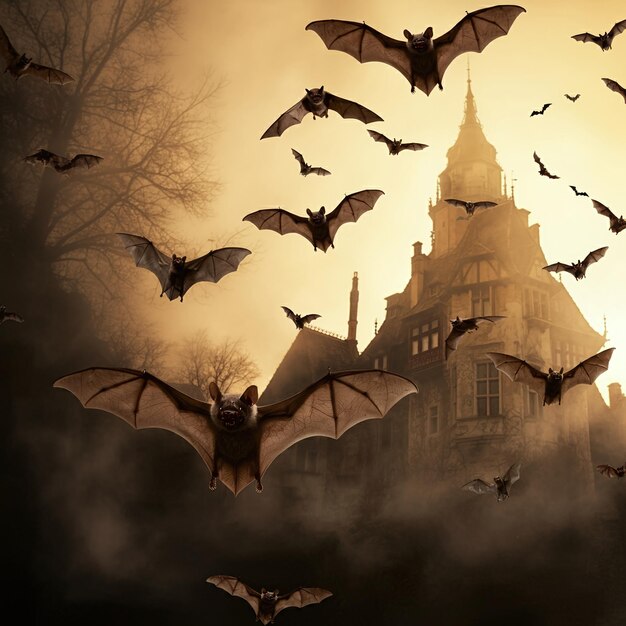 Photo bats flying toward draculas castle under a dark and moonlit sky