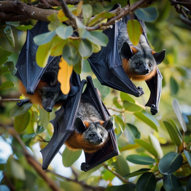 Photo bats hanging in a tree with green leaves and blue sky in the background