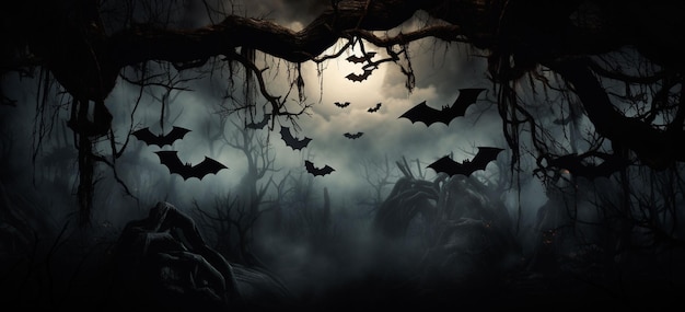 Bats hanging upside down from the branches of a stylized tree