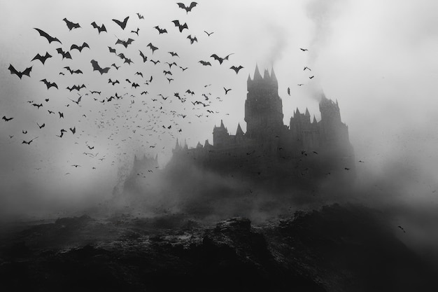 Photo bats soar towards the enigmatic castle of dracula under a moonlit sky