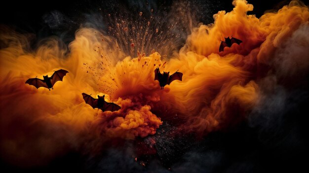 Bats in a splash of orange sand Halloween concept Generative AI