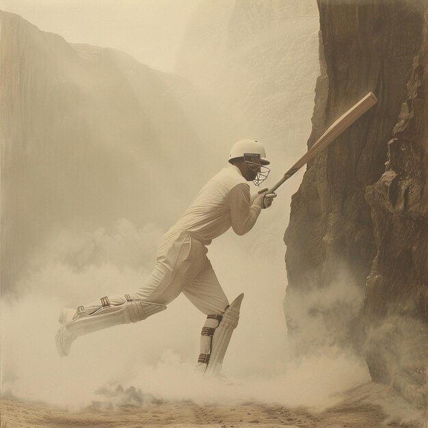 Batsman footwork exercises in a foggy canyon