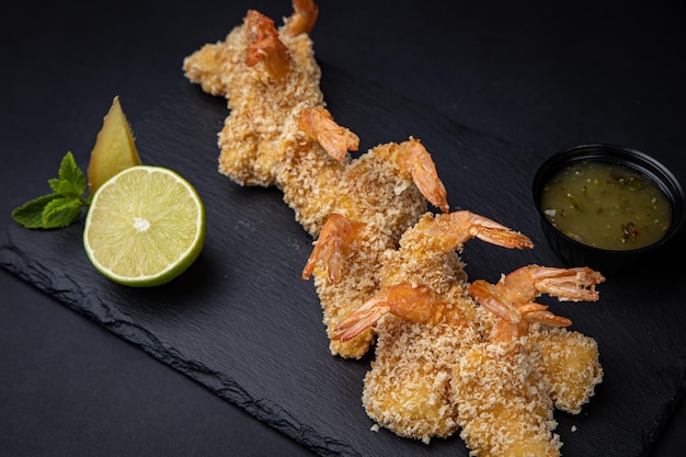 battered shrimp on a dark background