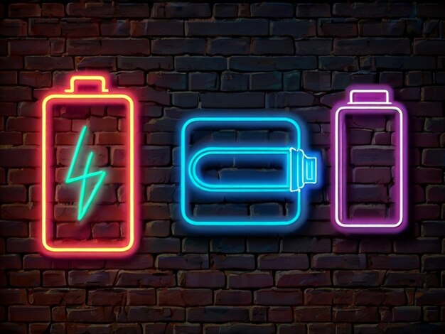 Photo battery charging glowing neon icon on brick wall background