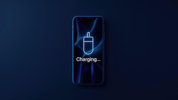 Photo battery charging text and battery on navy blue background with text charging on it