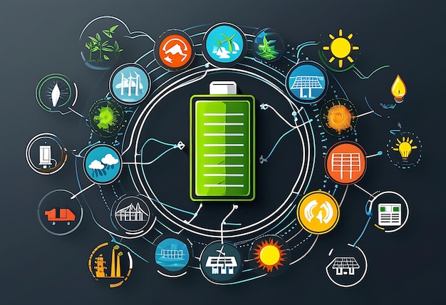 Photo battery connects to diagram of clean energy highlighting its role in sustainable future