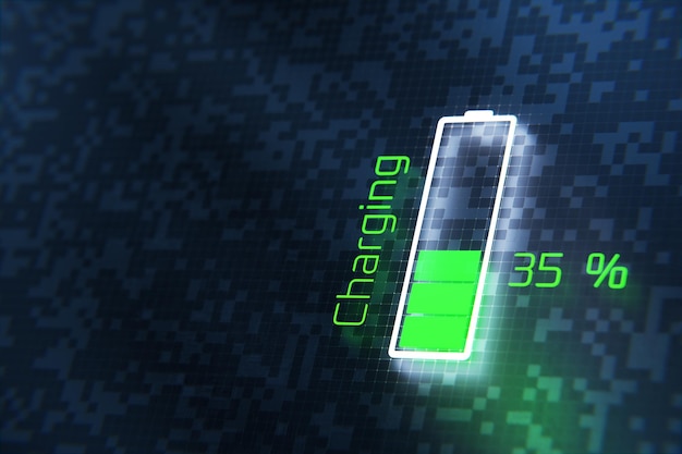 Battery icon on a digital background battery charging concept d render