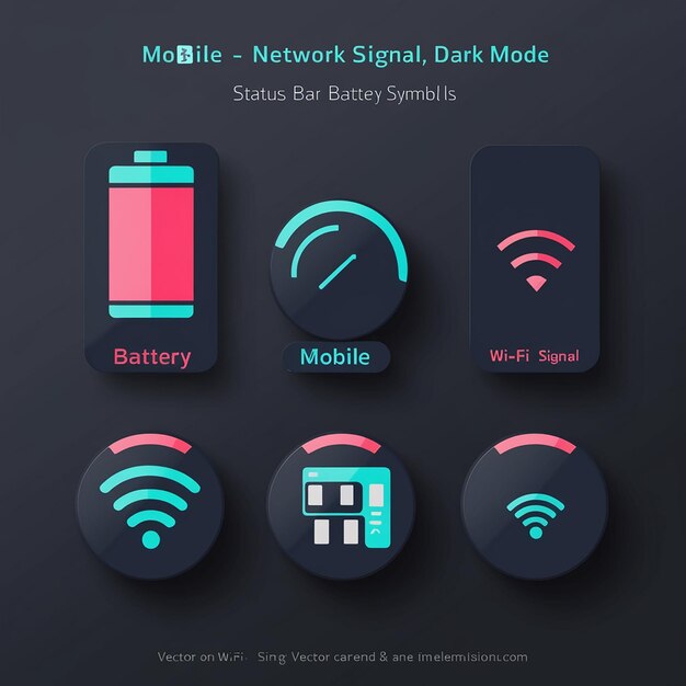 Photo battery mobile network signal and wifi icon set in dark mode with circle battery modern colorful