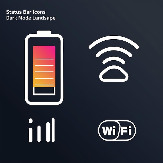 Photo battery mobile network signal and wifi icon set in dark mode with landscape battery modern colorfu