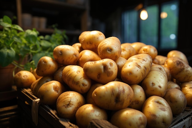 A battery of potatoes with the word potato in the background generative IA